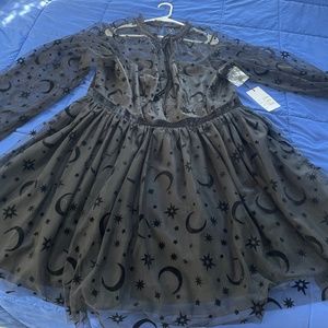 Unique Vintage Plus Size Black Flocked Moon & Stars Flare Dress - 2X/18